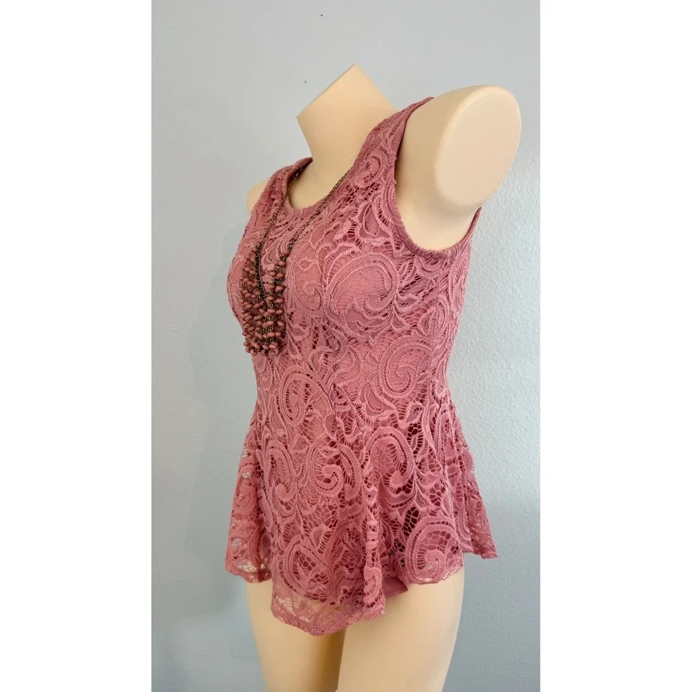 Vtg Dusty Rose Floral Lace Peplum Necklace Sleeveless Top M Coquette Victorian - Picture 11 of 16